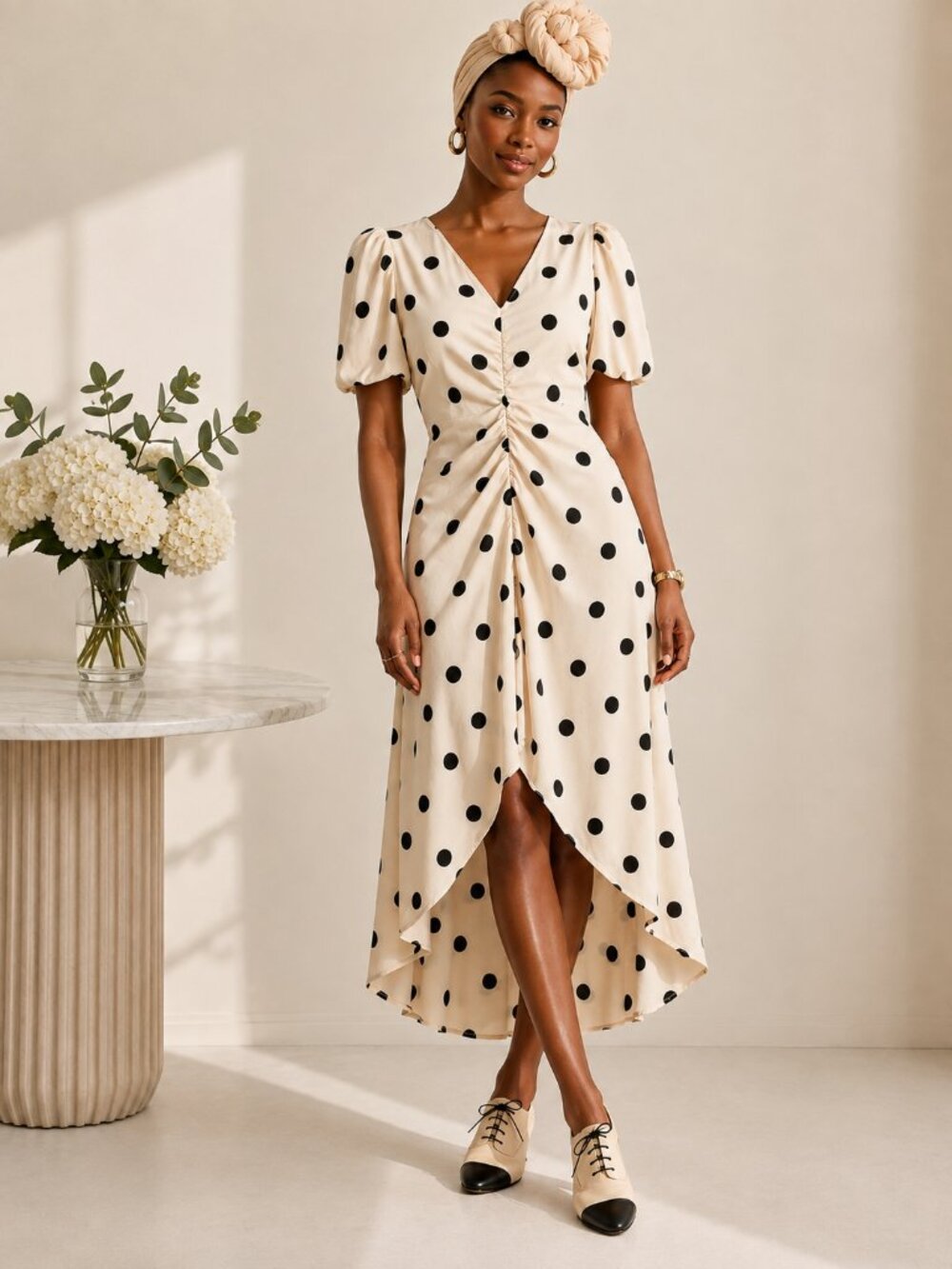 A New Day Cream Black Polka Dot High Low Maxi Dress Puff Sleeve XL NWT